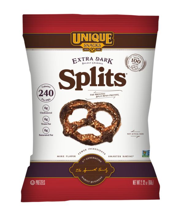 2.12oz bag of Unique Snacks Extra Dark Splits