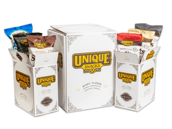 Three options of 6 pack varieties, all in white packaging with the unique snacks logo on them