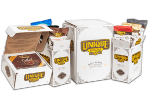 Main Variety Chocolate Box with 4 options in white boxes with unique snacks logo on them