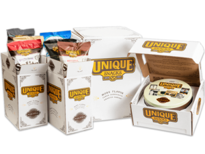 Main Variety Gift box 4 options of varied snacks in white packaging with the unique snacks logo in it