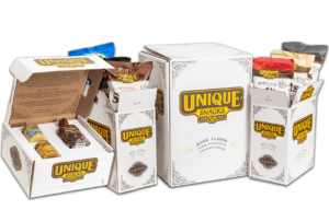 Main Variety Chocolate Box with 4 options in white boxes with unique snacks logo on them