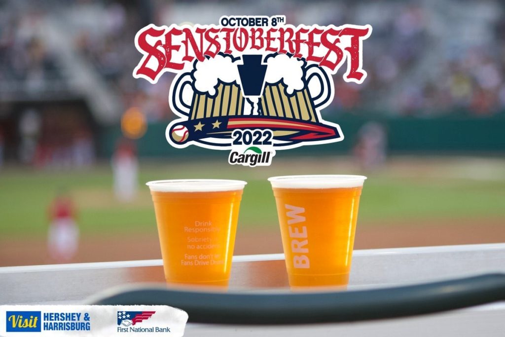 Two cups of beer with logo for Senstoberfest superimposed above them