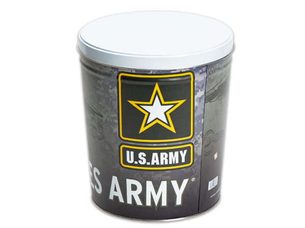 Army pretzel tin, U.S. Army logo on came background, "U.S. Army" text written around can, white lid