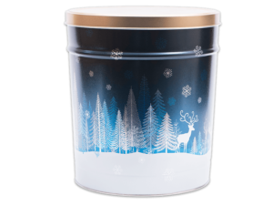 Crystal Evening pretzel tin, dark blue background with white and lighter blue outlines of evergreens with white and blue snowflakes towards the top and a white bottom, a white deer towards the side, it has a gold lid