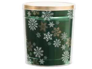 Emerald Snowfall pretzel tall tin, white and gold snowflakes with green background, gold lid