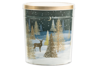 Gilded Forest tall pretzel tin, a snowy forest at night, gold trees and deer in the forest