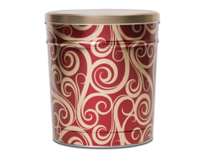 Golden Swirl pretzel tin, red background covered in gold swirl pattern and a gold lid