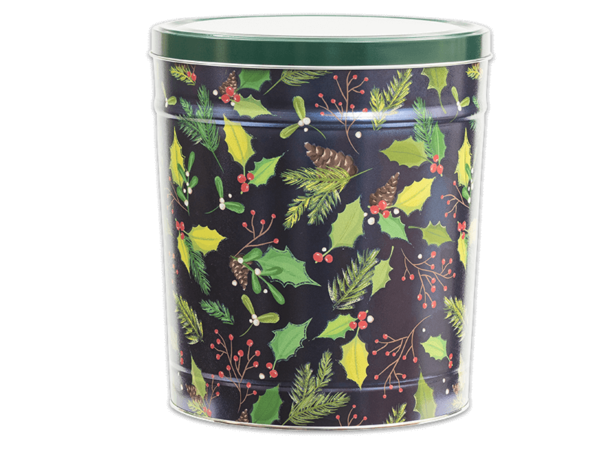 Holly and pine tall pretzel tin, with green holly and pine tree branches on a black background, green and white lid