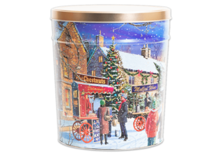 Hometown Holiday pretzel tin with a town scenery that has a chestnut cart with people standing outside of it, a large christmas tree in front of the houses and behind the cart with snow falling from the night sky, a gold lid