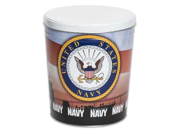 Navy pretzel tin, United States Navy logo over background of faded flag and silhouette of a ship, "America's Navy" text written around tin