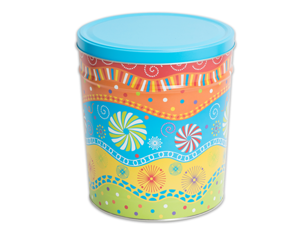 Panache pretzel tin, multi-color background with multi-color pinwheels, lines, swirls, and dots, light blue lid
