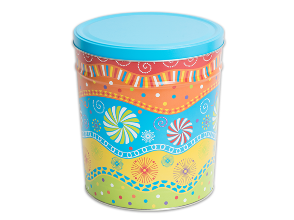 Panache pretzel tin, multi-color background with multi-color pinwheels, lines, swirls, and dots, light blue lid