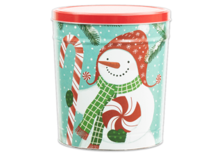 Peppermint Snowmen tall pretzel tin with snowman in a winter hat and scarf holding a candy cane and peppermint candy