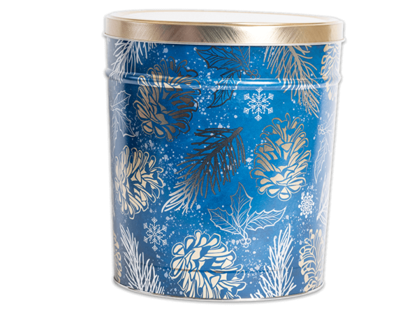 Winter pin pretzel tin, blue background with gold pinecones, holly, and white snowflakes on tin, gold lid