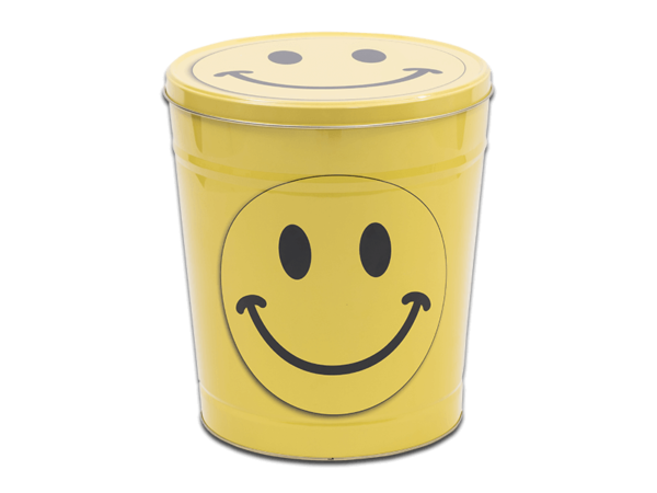 Smiley face pretzel tin, yellow background with a large smiley face on side and lid