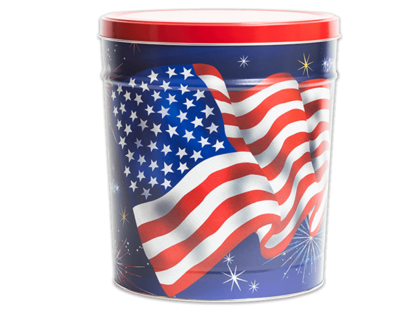 Star Spangled pretzel tin, blue background with multi-color fireworks and a large american flag in the middle, it has a red lid