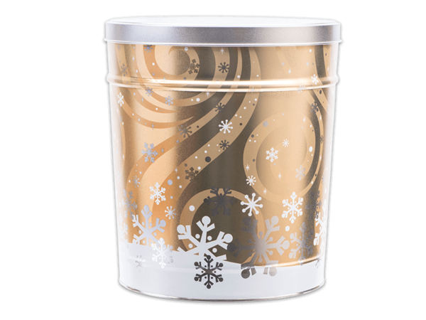 Swirling Snow pretzel tin, gold background with gold swirls, white and silver snowflakes, with a silver lid