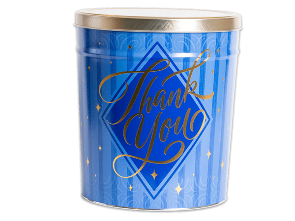 Thank You pretzel tin, striped blue and dark blue background, "Thank You" text written in cursive font in a ornate gold square shape, gold lid