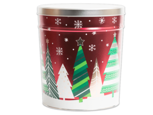 Holiday Trees pretzel tin, red background with white and green christmas trees gong around it, white snowflakes towards the top and white at the bottom, a silver lid