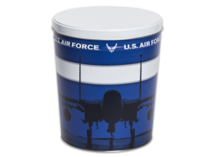 Air Force pretzel tin, silhouette of an airplane over blue background, "U.S. Air Force" written around top of tin