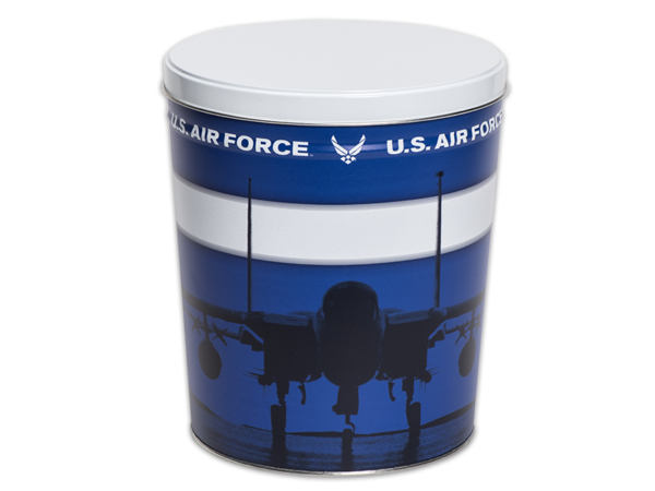 Air Force pretzel tin, silhouette of an airplane over blue background, "U.S. Air Force" written around top of tin