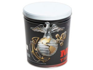 Marines pretzel tin, Marines logo and text around can on black background, white lid