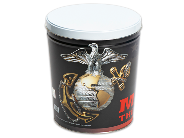 Marines pretzel tin, Marines logo and text around can on black background, white lid