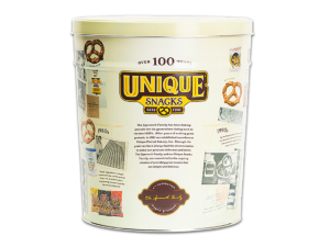 Tall pretzel tin with Unique Snacks 100th Anniversary theme