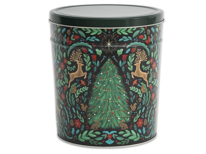 Woodland Winter Tin with Green color, xmas tree, and golden deer.
