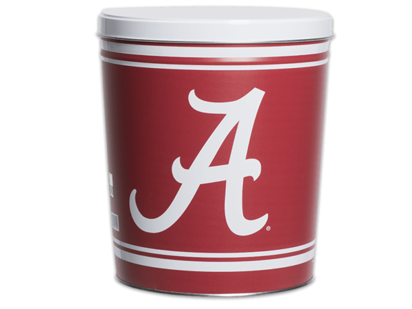 Alabama pretzel tin, "A" logo in white on red background, white lid