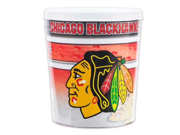 Chicago Blackhawks pretzel tin, red and white background, "Chicago Blackhawks" text around top of tin, white lid