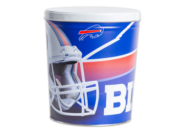 Buffalo Bills pretzel tin, Bills logo large background, "Bills" text in foreground, with white lid.