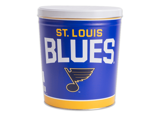 St. Louis Blues pretzel tin, logo in dark with with "St. Louis Blues" text in yellow and white over bright blue background, white lid