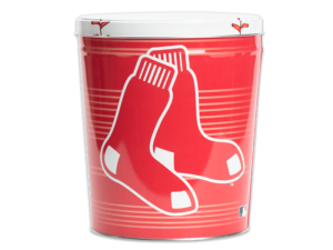 Boston Red Sox pretzel tin with logo on red background, large baseball on lid