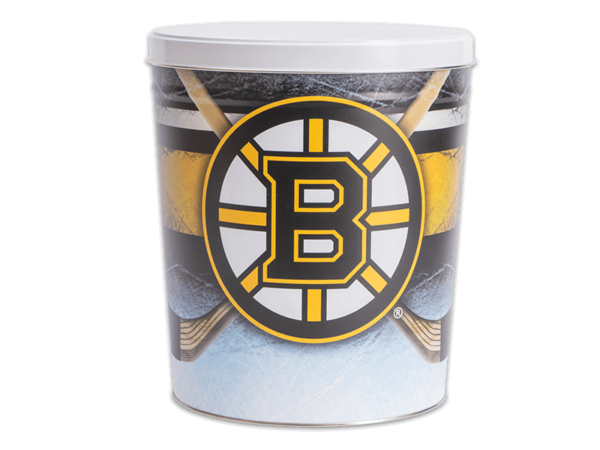 Boston Bruins pretzel tin, ice rink glass and ice in background, two hockey sticks behind the Bruins logo, white lid