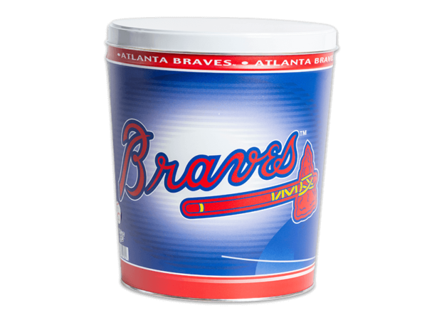 Alanta Braves pretzel tin, Braves logo large background, "Braves" with white lid.