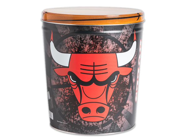 Chicago Bulls pretzel tin, Bulls head logo on black and red, large basketball graphic on lid