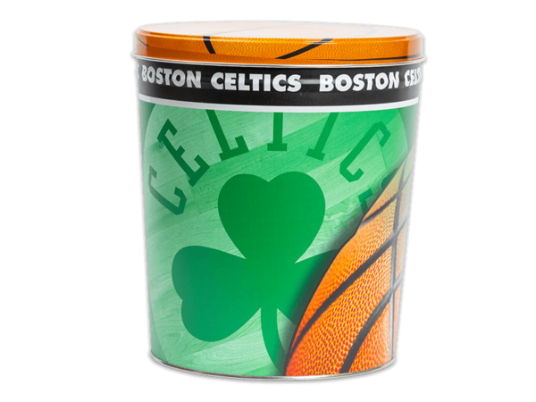 Boston Celtics pretzel tin, Celtics logo large background, "Celtics" with basketball color lid.