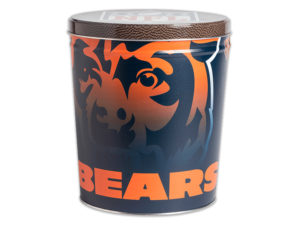 Chicago Bears pretzel tin, orange Bears logo faded into dark blue background, "Bears" text, NFL logo over football texture pattern on lid