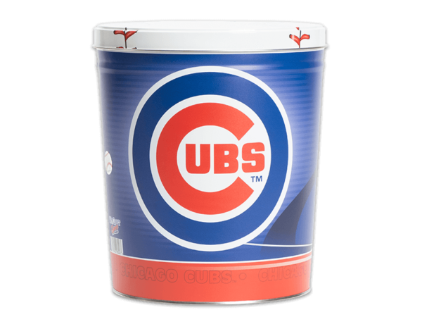Chicago Cubs pretzel tin, Cubs logo on blue background, large baseball graphic on lid