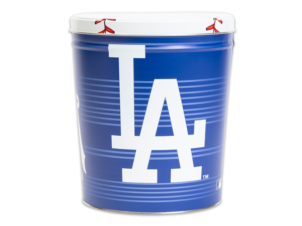 Los Angeles dodgers pretzel tins, logo in white on bright blue background, large baseball graphic on lid