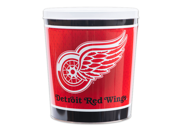 Detroit Red Wings pretzel tin, red background, logo in white, "Detroit Red Winds" text in black, white lid