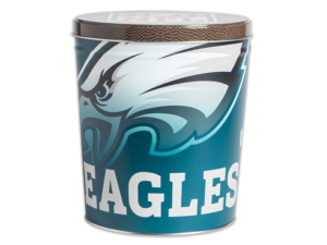 Philadelphia Eagles pretzel tin, Eagles logo large and faded on teal background, "Eagles" text in foreground, NFL logo on football texture patterned background on lid