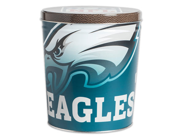 Philadelphia Eagles pretzel tin, Eagles logo large and faded on teal background, "Eagles" text in foreground, NFL logo on football texture patterned background on lid
