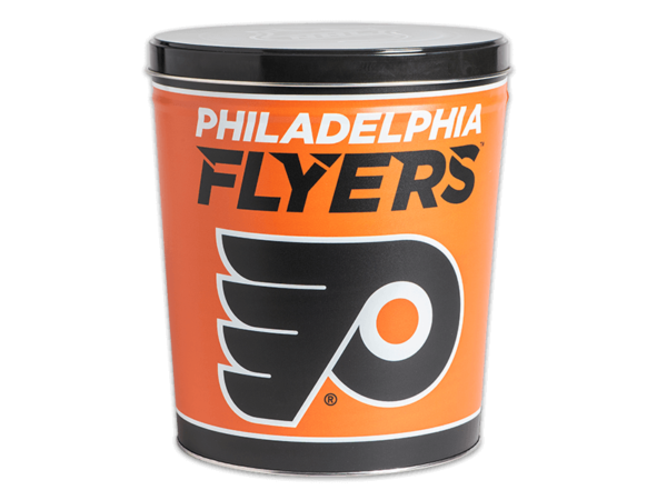 Philadelphia Flyers pretzel tin, "Philadelphia Flyers" text and logo on orange background, black lid