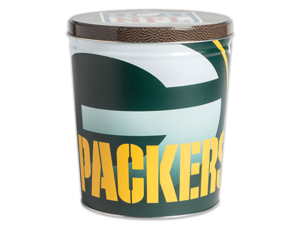 Green Bay Packers pretzel tin, logo faded on dark green background, "Packers" text in foreground, NFL logo over football texture pattern on lid