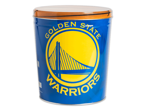 Golden State Warriors pretzel tin, image of golden gate bridge in yellow circle, Golden State Warriors text on tin, blue background, large basketball graphic covers lid