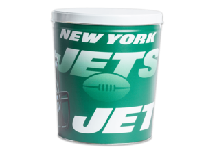 New York Jets pretzel tin, Jets logo large background, "Jets" with white lid.