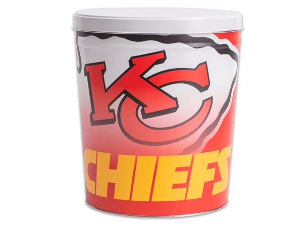 Kansas City Chiefs pretzel tin, faded logo of KC Chiefs on red background, "Chiefs" in yellow text in foreground, white lid