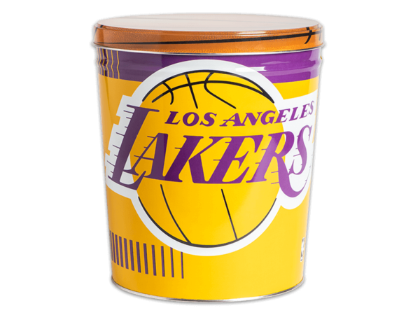 Los Angeles Lakers pretzel tin, Lakers logo on yellow background, purple text, large basketball graphic on lid